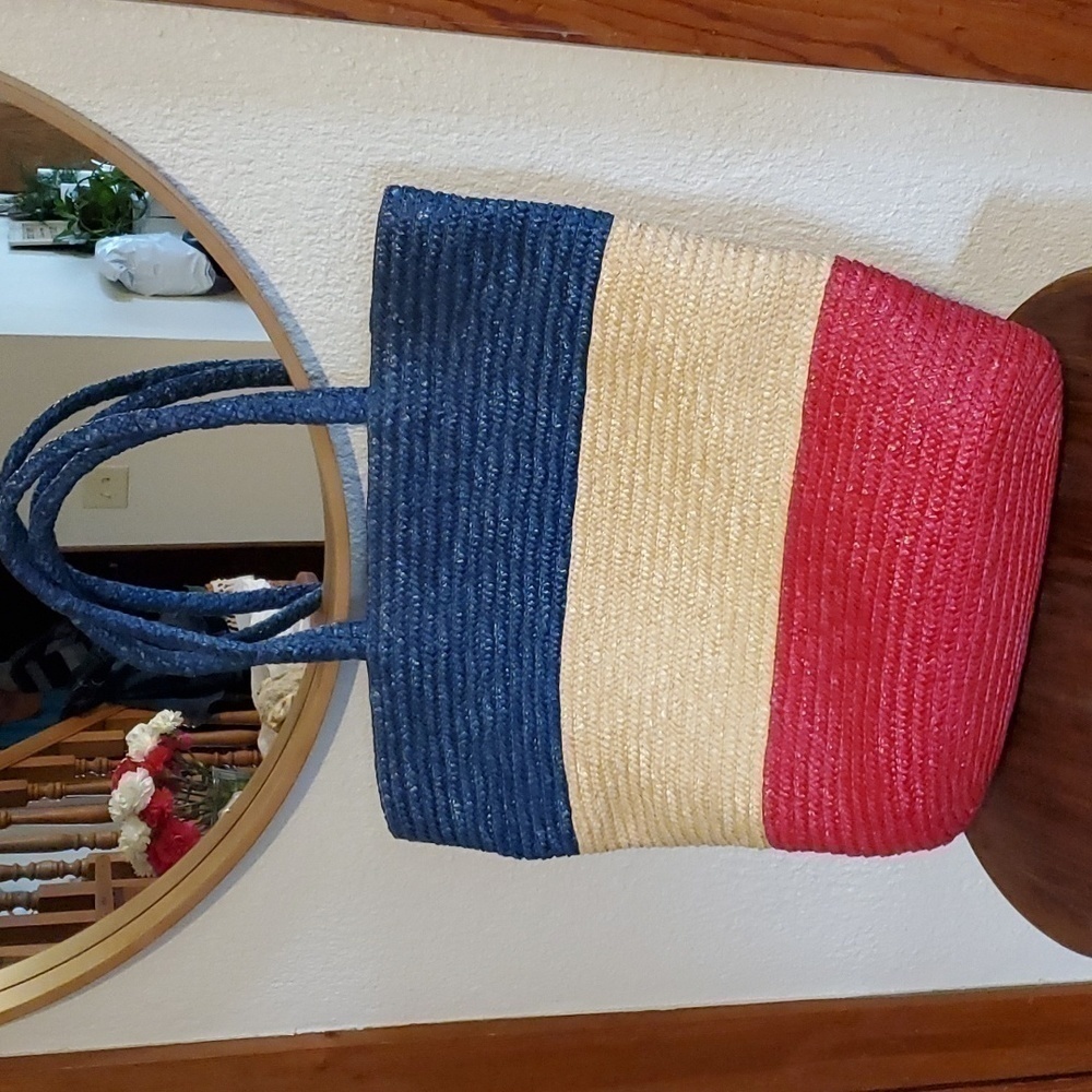 Tote/ Shopping Bag BIG Straw/Raffia Red , White, Blue Beach Vacay USA Patriotic